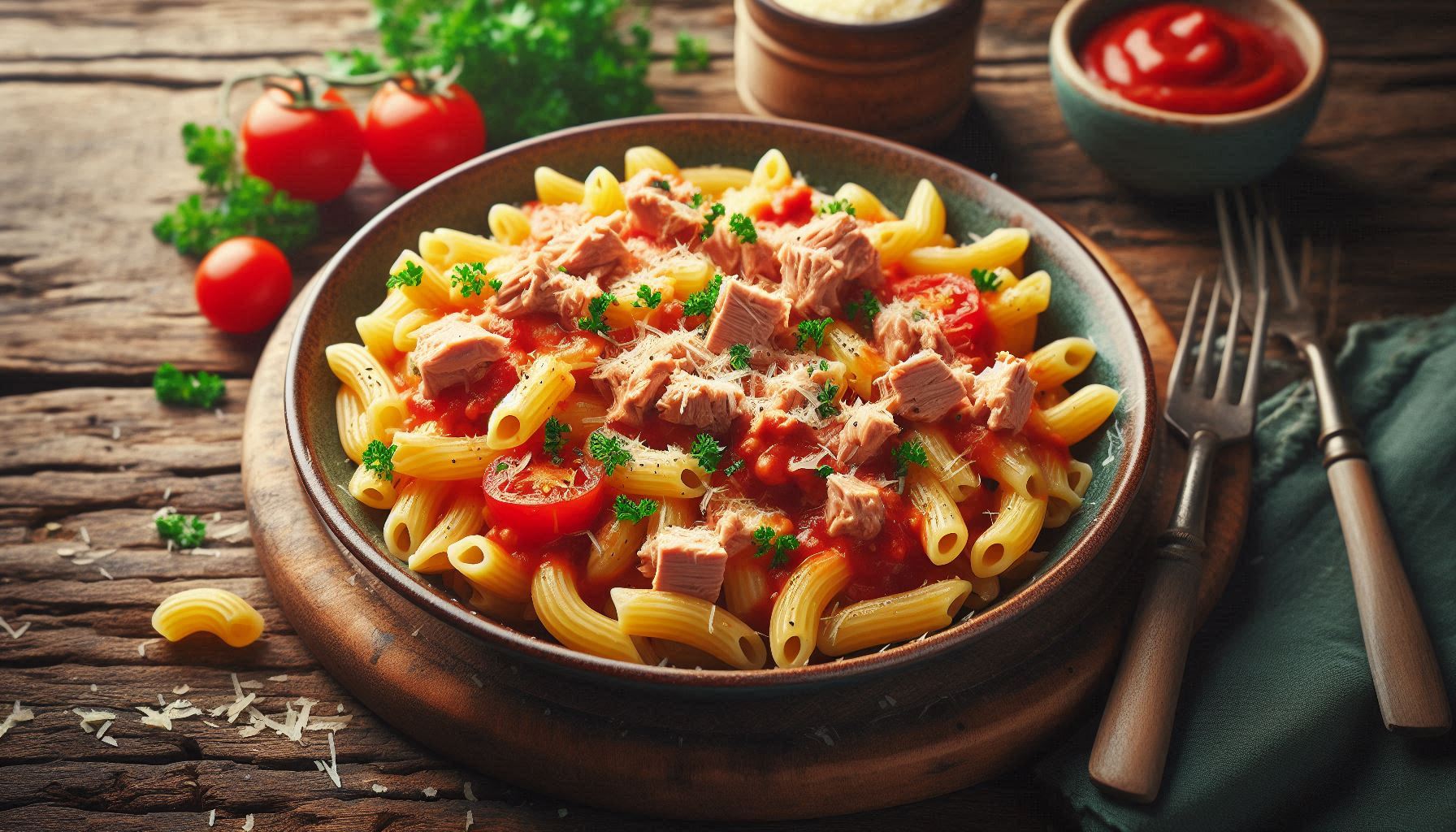 Macarrones deliciosos con tomate y atún