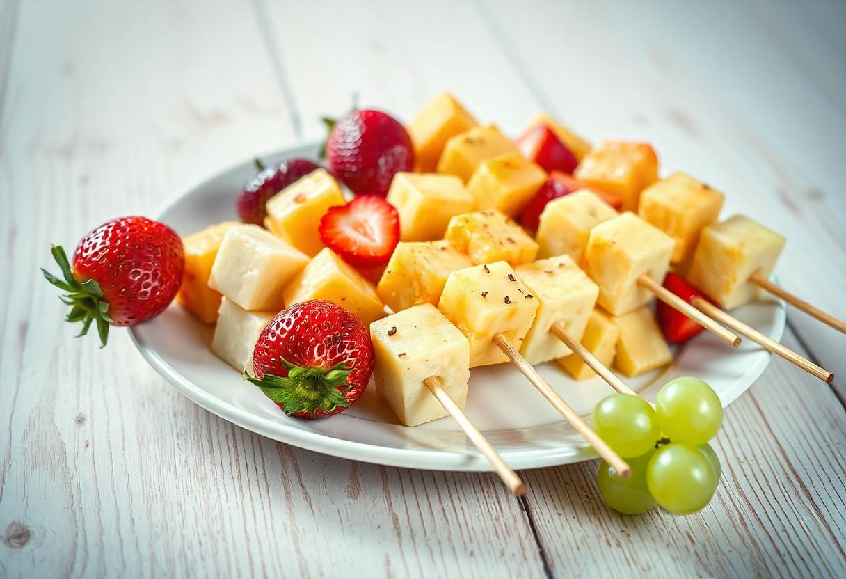 Aperitivo de palitos de queso con frutas