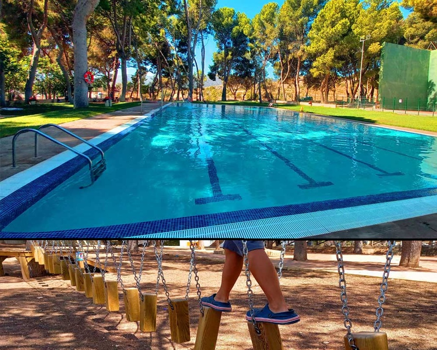 Piscina rodeada de naturaleza con multiaventura